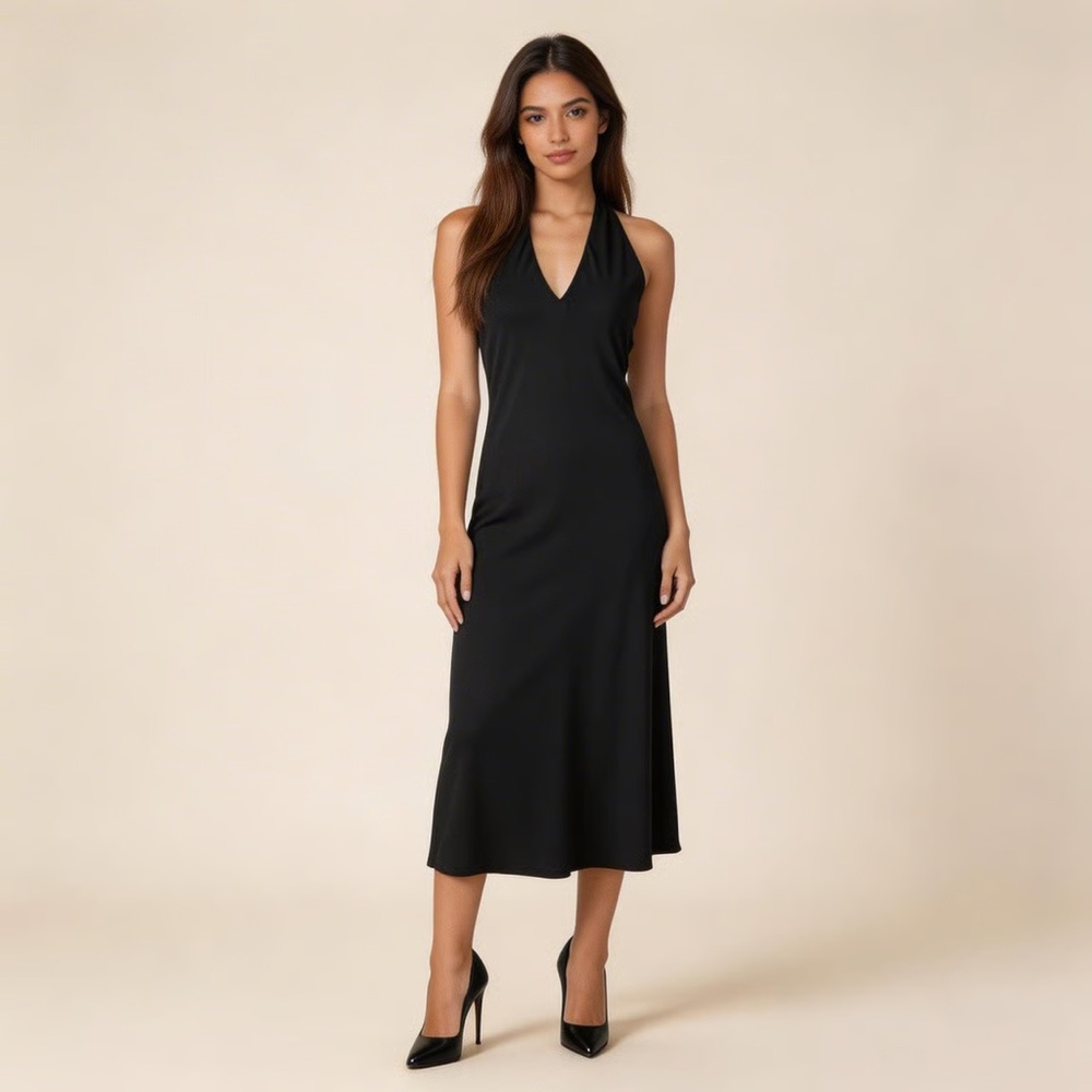 LIDA BADAY | Black Midi Halter Dress Sz XS